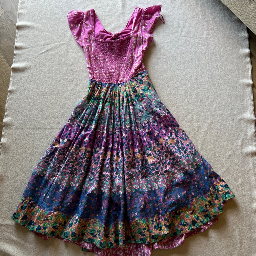 Caroline Constas Floral Midi Dress Women’s L Flowy Cotton Ruched Tie Back Pocket